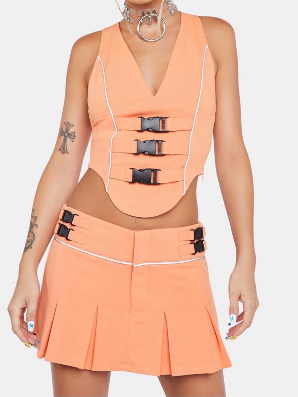 Dolls Kill apricot across the club Buckle Crop Top & skirt set - Picture 3 of 3
